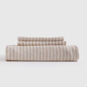 NWT QUINCE European Linen Fitted Sheet Set Cal King Natural Stripe 0888